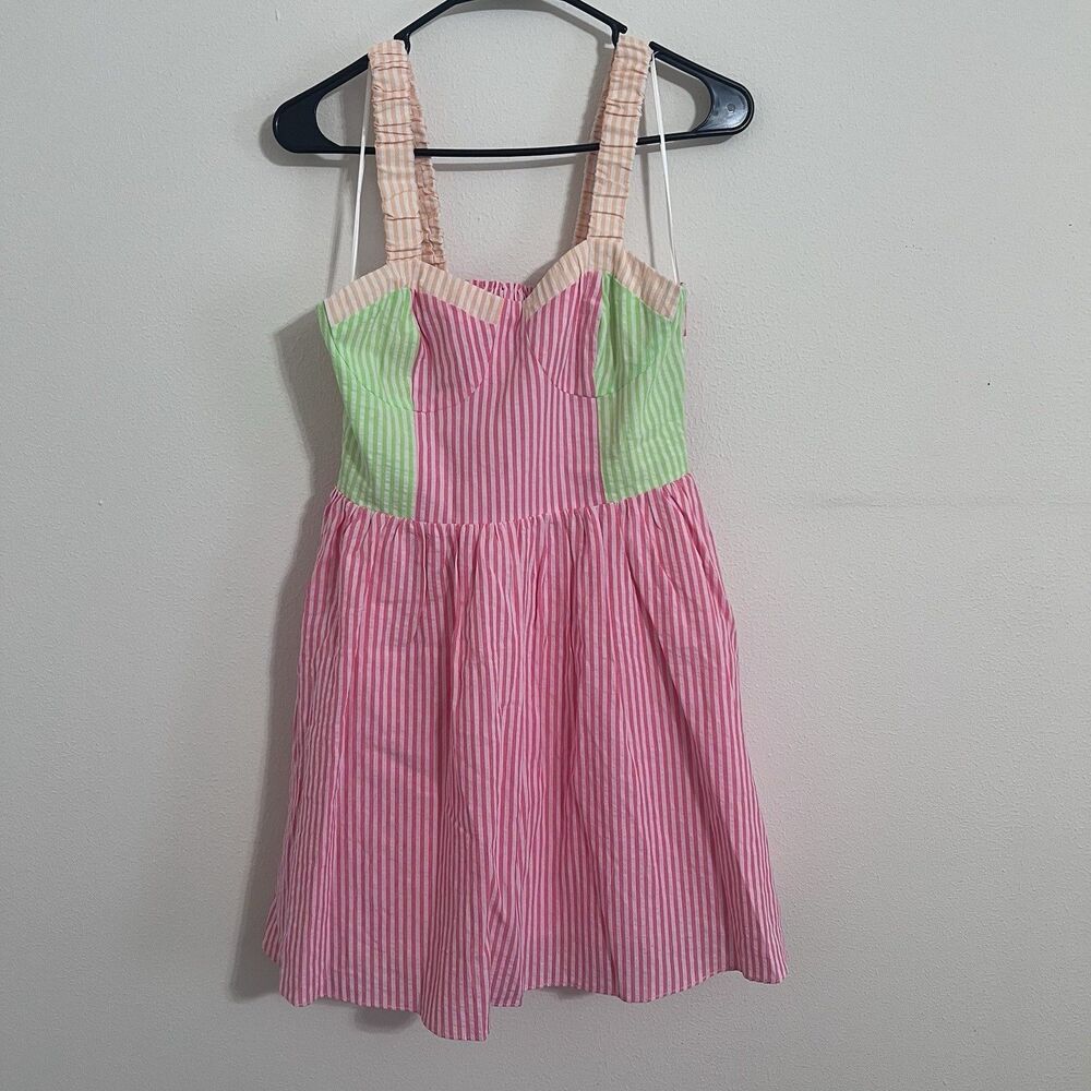 English Factory Pink And Green Striped Mini Dress Size Small